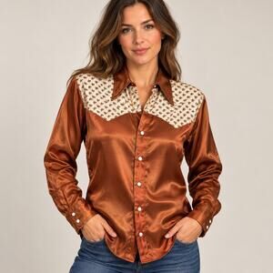 Vintage 70s Brown Satin Western Horse Yoke Pearl Snap Shirt Women’s Medium -
